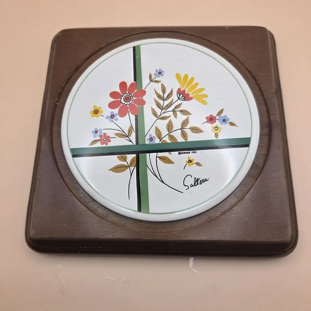 Himark Vintage 1981 Saltara Floral Cheese Dome Glass Lid Wood Base Taiwan